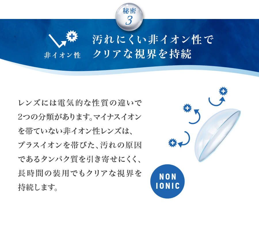 クリアリッチワンデーUVのこだわり③非イオン性レンズで汚れにくい