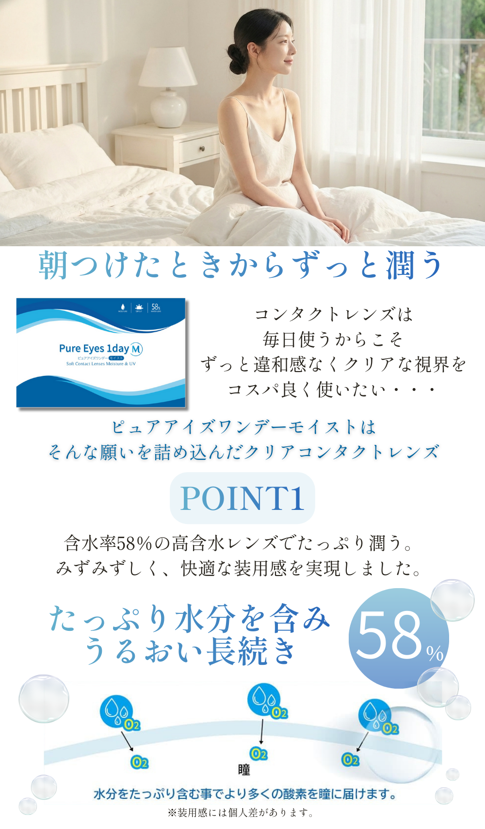 Pure Eyes 1dayM（ピュアアイズワンデーM）はやわらかさ・酸素・水分量がベストバランス素材で含水率55％の高含水率。