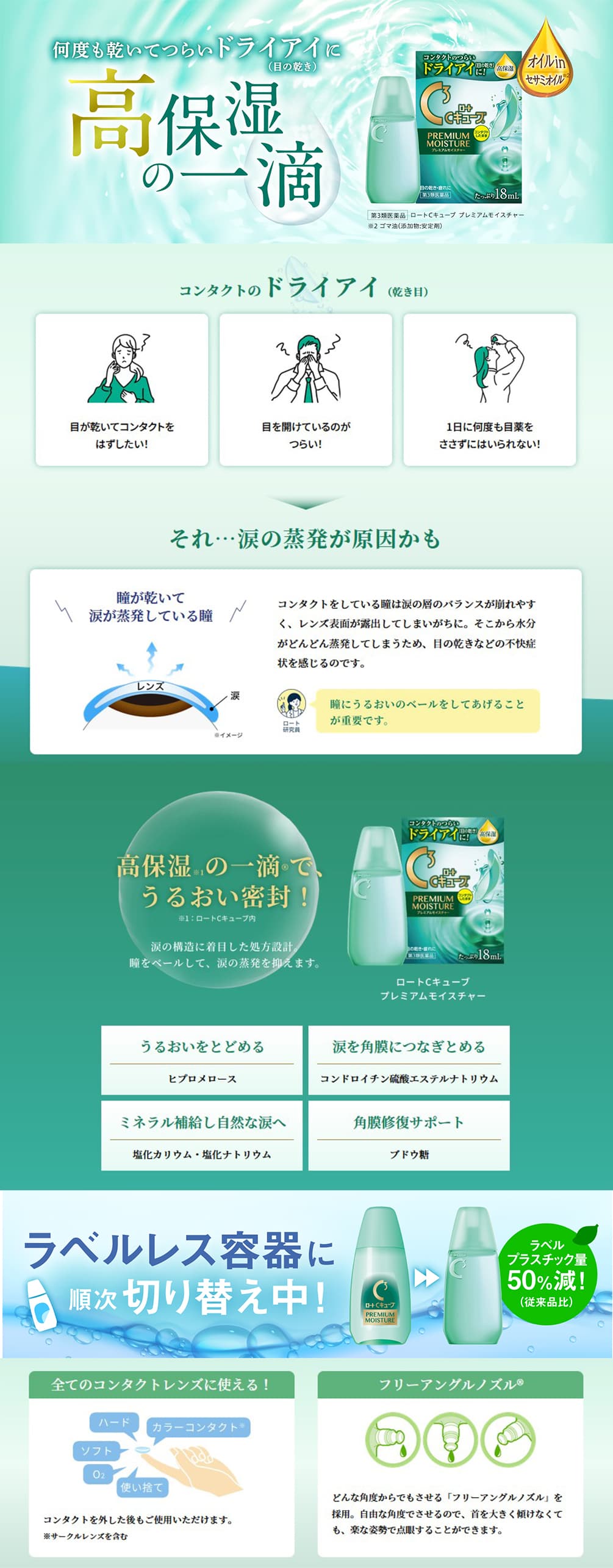 ロートCキューブプレミアムモイスチャーはドライアイ（目の乾き）に効く、しみない目薬でカラコンOK！