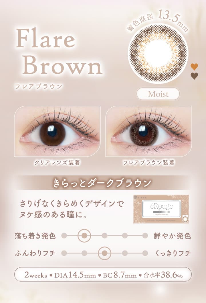 エルージュ（eRouge） 2ウィークカラコン「フレアブラウン」はふんわり抜け感ダークブラウンのハーフアイ仕上がり