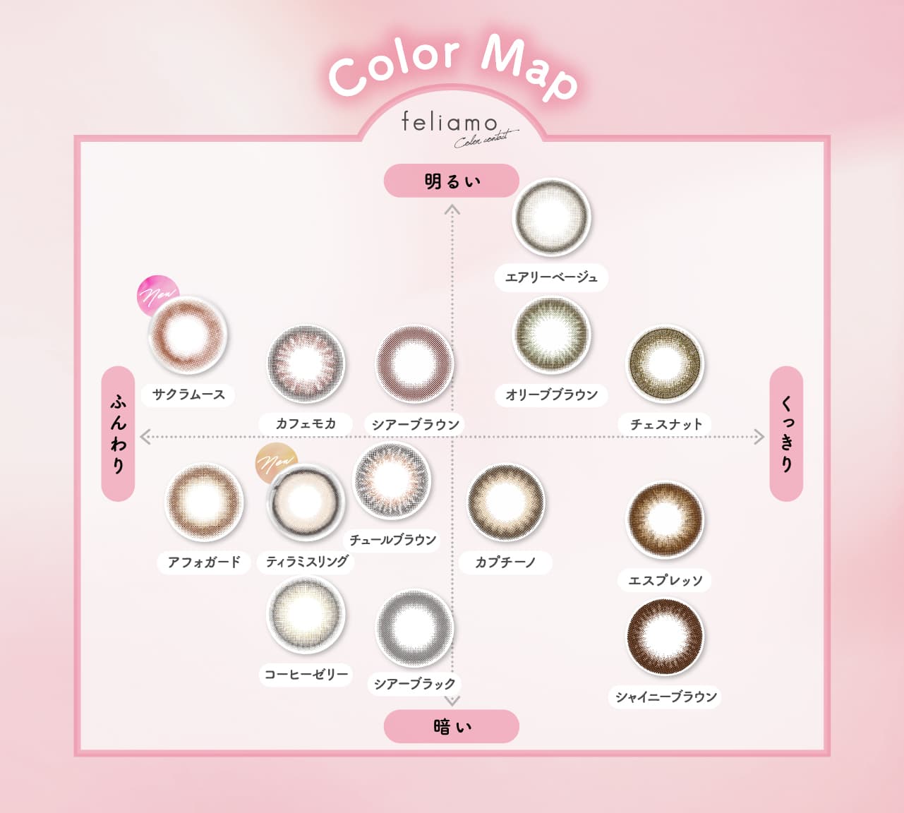 白石麻衣イメージモデルのフェリアモワンデー（feliamo）全色カラーマップ