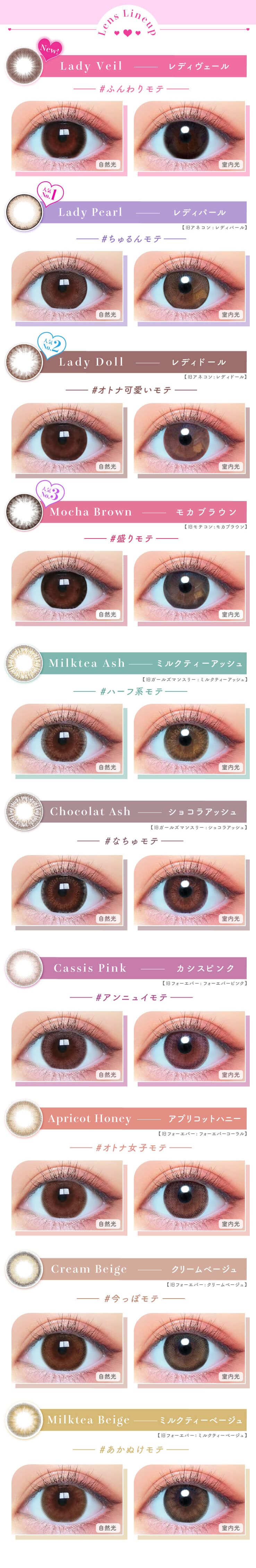 なえなのイメージモデルの1ヵ月カラコン「モテコンマンスリー (2枚入)」全色詳細