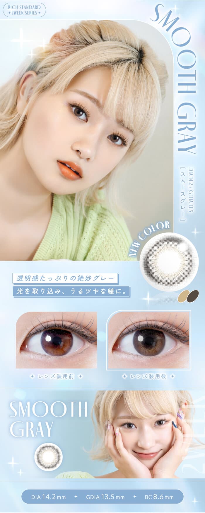 リッチスタンダード　2WEEK 6枚入 2週間交換(度なし・度あり）スムースグレー詳細